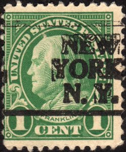 1923, US 1c, Benjamin Franklin, Used, Sc 552, New York precacnel