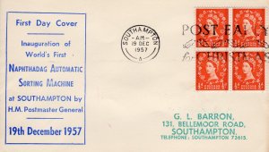 GREAT BRITAIN 1957  World's First Naphthadag Automatic Sorting Machine FDC