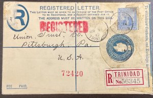 Trinidad 1912 Registered cover to Pittsburgh, Pennsylvania