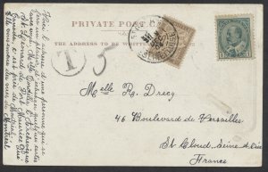 1904 Montreal Hospital Post Card Short Paid to France Postage Due Tied