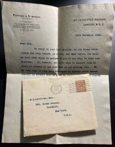 1933 London England Cover Perfin Stamp To New York Usa With Letter