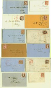 US 1850s Washington 3c red IMPERF.(various)coll. of 12 diff. covers, better cxls