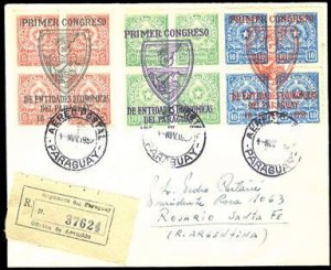 Paraguay, 1951 Primer Congreso overprints, three different blocks of four, ...