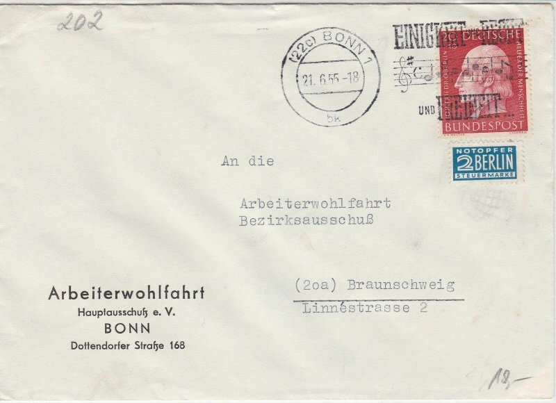 Germany 1955 Bonn 1 Cancel Obligatory Tax Aid for Berlin Stamps Cover Ref 26563