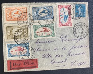 1923 Montpelier France Airmail Cover to Epinal Local Aviation Labels