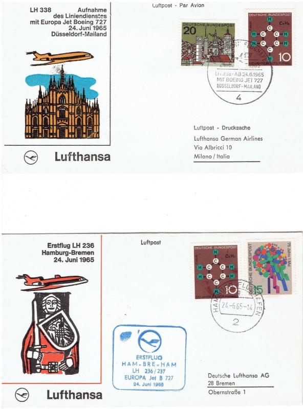 (2) FDC JUNE 24, 1965, HAMBURG TO BREMEN & GERMANY TO MILANO, JET 727, LUFTHANSA