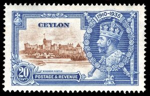 Ceylon 1935 KGV Silver Jubilee 20c DOT TO LEFT OF CHAPEL variety MNH. SG 381g.