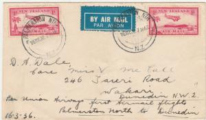 NEW ZEALAND 1936 AIRMAIL 1ST FLIGHT PALMERSTON NORTH DUNEDIN 