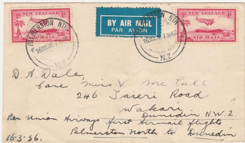 NEW ZEALAND 1936 AIRMAIL 1ST FLIGHT PALMERSTON NORTH DUNEDIN 