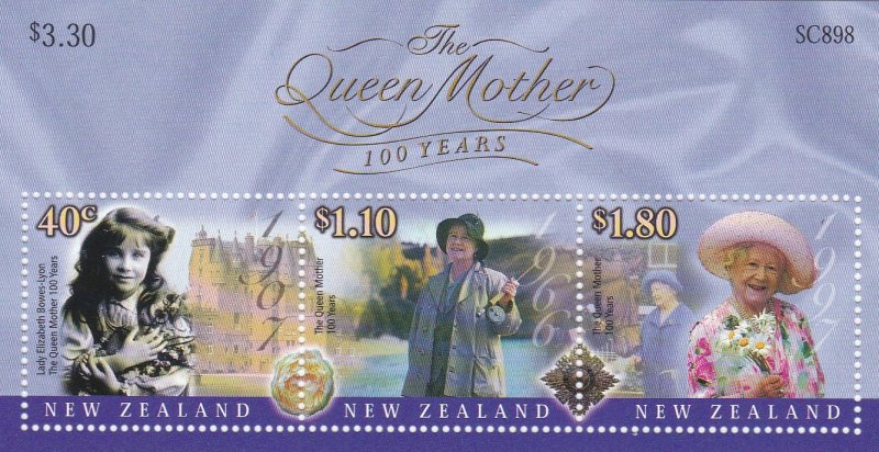 New Zealand # 1665a, Queen Mothers 100th Birthday, Souvenir sheet, NH, 1/2 Cat.