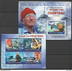 2010 Togo Fish & Marine Life Ships Jacques-Yves Cousteau Bl+Kb ** Tg1233