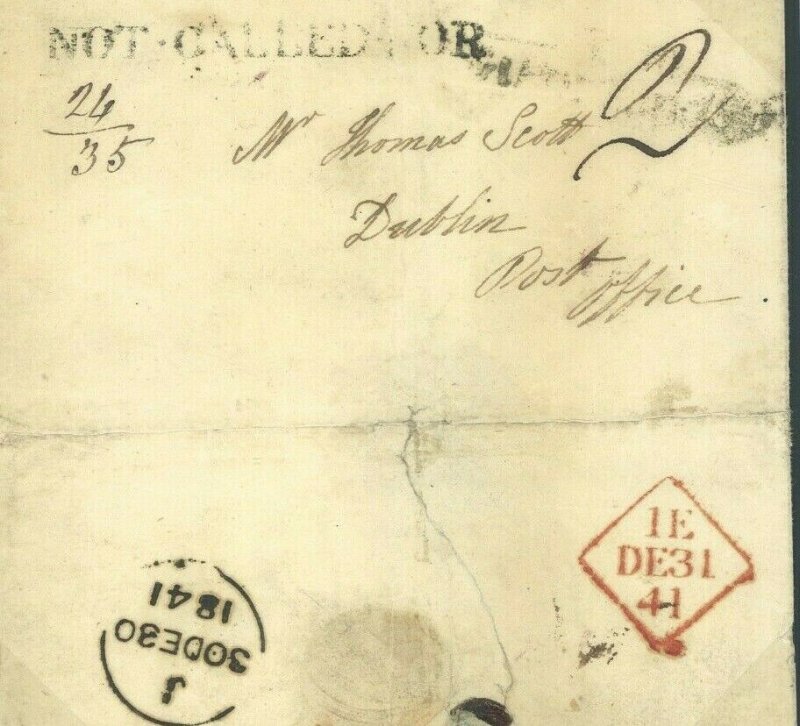 GB IRELAND Cover *NOT-CALLED-FOR* HANDSTAMP Dublin IRISH RARITY 1841 P86