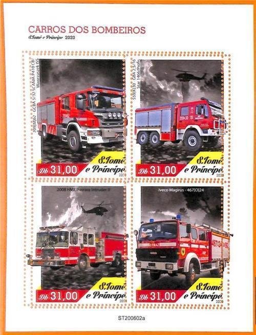 A6703 - SAO TOME & PRINCE, Error, 2020, MISSPERF MINIATURE SHEET: Fire trucks-