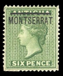 Montserrat #2 Cat$75, 1876 6p green, unused without gum