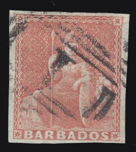 MOMEN: BARBADOS SG #5 IMPERF NO WMK BLUED PAPER 1855 USED £275 LOT #66764*