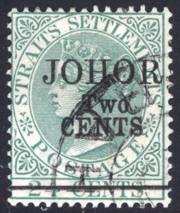 Malaya Johore 1891 2c on 24c Green SG 19 Scott 14 type a VFU Cat £55($72)