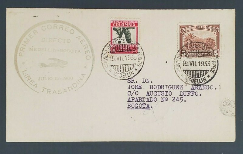 1933 Medellin to Bogota Colombia First Flight Air Mail Cover