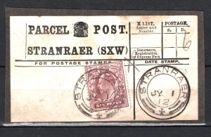 GB Scotland KEVII 6d PARCEL POST LABEL *STRANRAER* CDS Wigtownshire 1912 SS3913