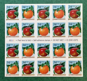 3491-3492 APPLE & ORANGE Convertible Booklet Pane of 20 US 34¢ Stamps MNH 2001