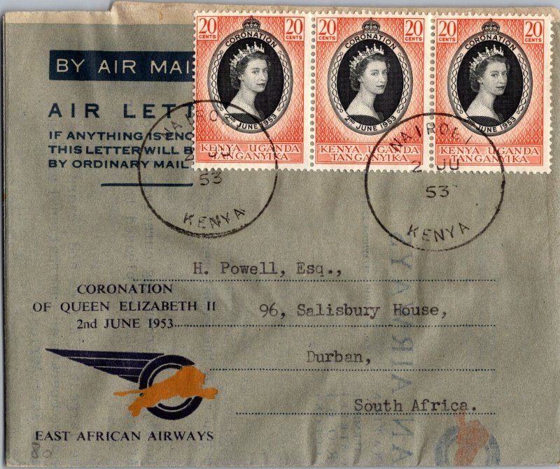 1953 Kenya Elizabeth II Coronation East African Airway Cover to South Africa