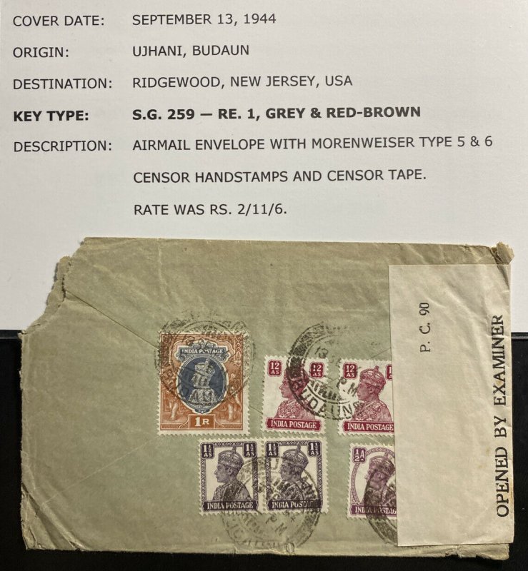 1944 Budaun India Airmail Censored Commercial Cover to Ridgewood NJ USA