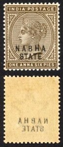 ICS NABHA SG18var 1a 6p Sepia showing overprint offsets on the reverse M/M