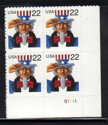 #3259 MNH pb/4 22c Uncle Sam 1998 Issue