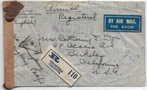 Calcutta India to Berkley, Ca 1941 Registered Pacific Clipper Airmail (C5564)