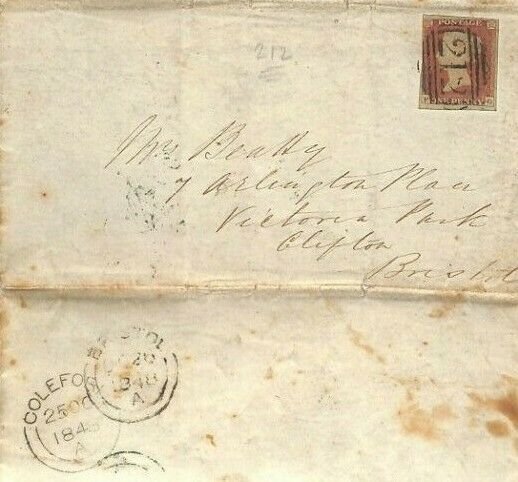 GB LETTER Penny Red Numeral *212* Coleford 1848 Glos {samwells-covers}MS3024