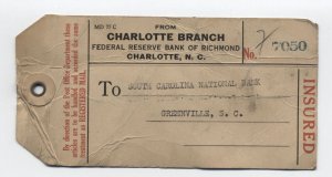 1928 charlotte NC insured as registered parcel tag 4th bureaus [y8240]