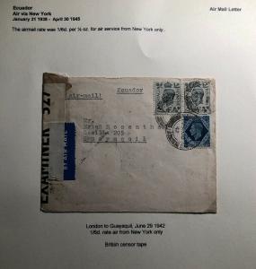 1942 London England Censored Airmail Cover To Guayaquil Ecuador Via New York