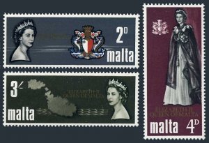 Malta 378-380 two sets, MNH. Mi 367-369. QE II visit, 1967. Arms: dolphins, map.