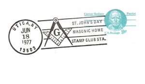 US EVENT PICTORIAL POSTMARK CARD ST. JOHN'S DAY MASONIC HOME STAMP UTICA NY 1977