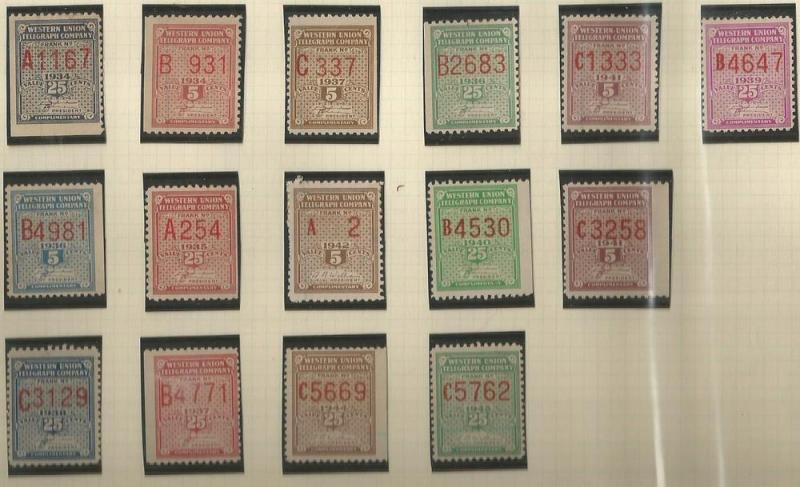 U.S. Revenue Western Telegraph Stamps - Used Set of 15