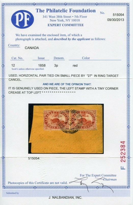 CANADA #12 USED-VF PAIR ON PIECE W/ PF CERT (4/23/21 GP) 