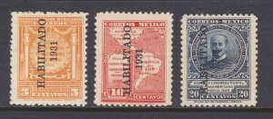 Mexico Sc 677, 678, 679 MNH. 1931 HABILITADO overprints, 3 diff, fresh, bright