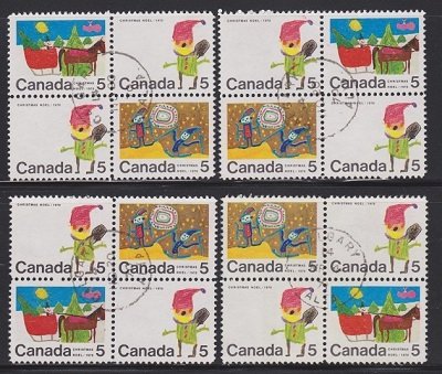 Canada #519, 520 and 522 Christmas - Set of 4 used blocks of 4