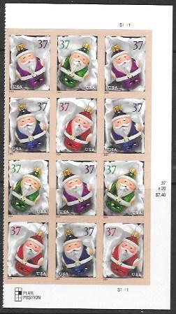US #3883-86 PB of 12. Christmas Tree Ornaments.  MNH (2 Plate Blocks)
