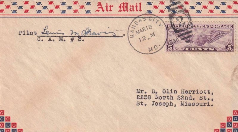 1930, Kansas City to St. Joseph, MO, CAM-3, Signed by Pilot (41294)
