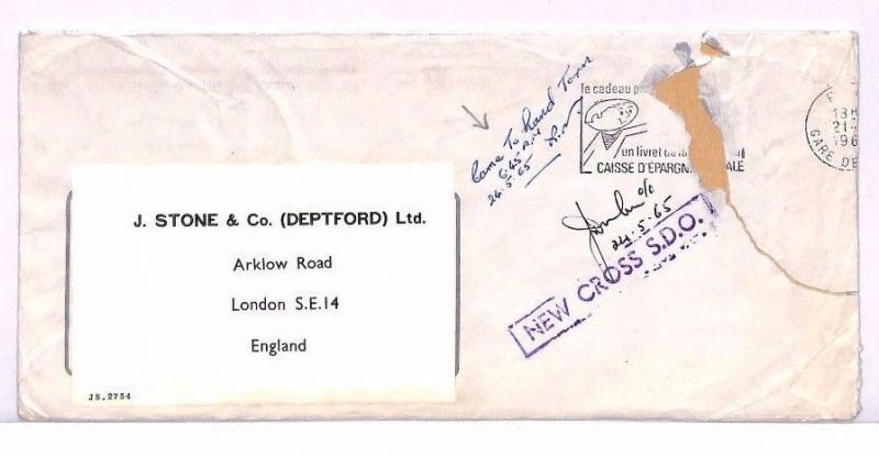 FF230 1965 FRANCE Paris GB London INTERRUPTED Cover *New Cross SDO*