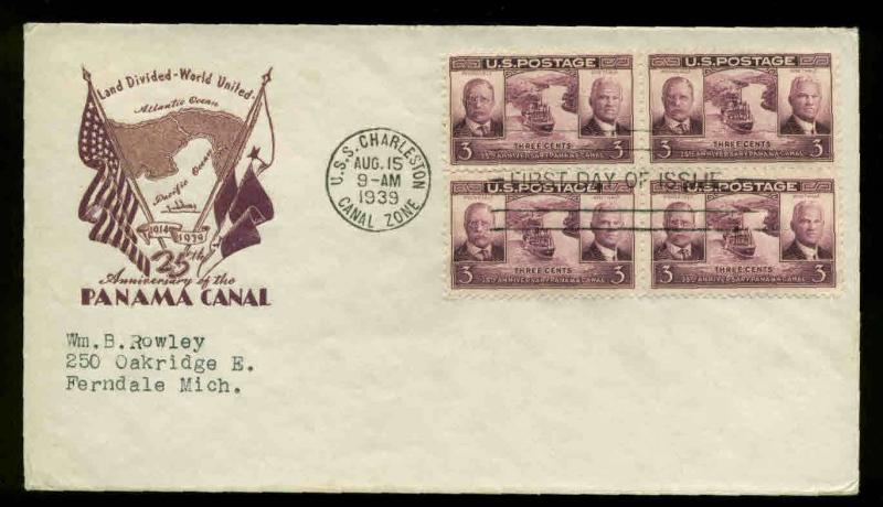 856 BLOCK of 4 PANAMA CANAL FDC USS CHARLESTON PLANTY P8 HOLLAND CACHET