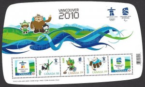 Canada #2305f MNH ss, 2010 Vancouver winter Olympics; overprinted Vancouver 2010