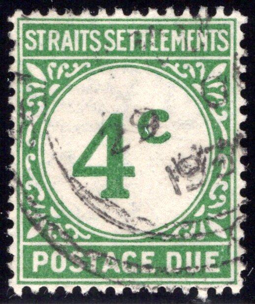 J3 Straits Settlements, 4c green, Postage Due, 1926, Used, VF