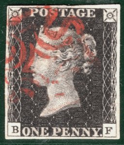 GB PENNY BLACK QV 1840 Stamp SG.2 1d Plate 6 (BF) Used Red MX Cat £400 SBR22