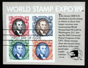U.S. Used #2433 90c Lincoln World Stamp Expo ‘89 Sheet of 4. FDC. Scott: $14.00