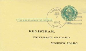 United States Idaho Lorenzo 1940 4f-bar  1901-1973  Postal Card  Printed Retu...