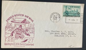 1949 Washington DC USA First Flight Airmail Cover FFC To Zurich Switzerland