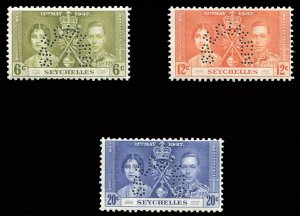 Seychelles #122-124S Cat$110+ (for hinged), 1937 Coronation, set of three, pe...