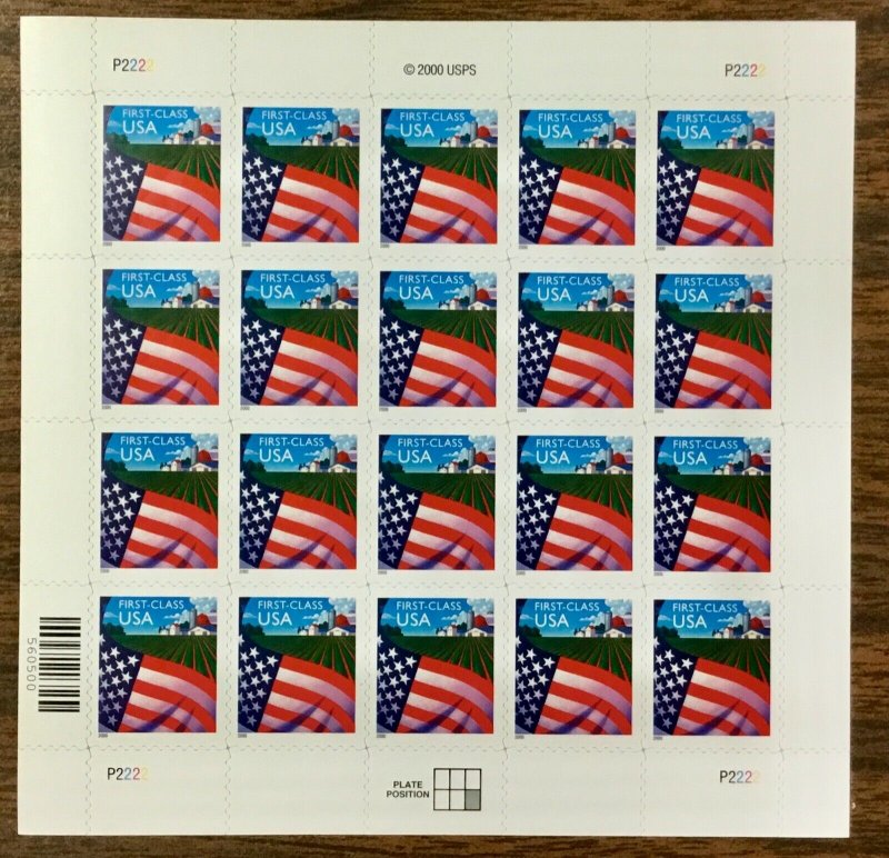 3449   Flag over Farm. MNH  (34¢) Non-demoninated  Sheet of 20.  Issued in 2000