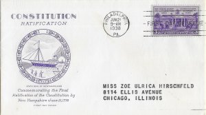 1938 FDC, #835, 3c Constitution Ratification 150th, Grimsland